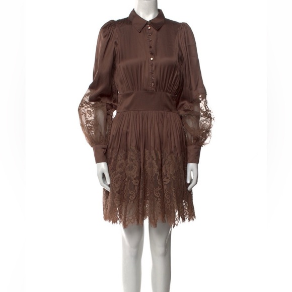 BYTIMO Brown Silky Viscose Lace Long Sleeve Fit Flare Shirt Dress NWT - Picture 1 of 13
